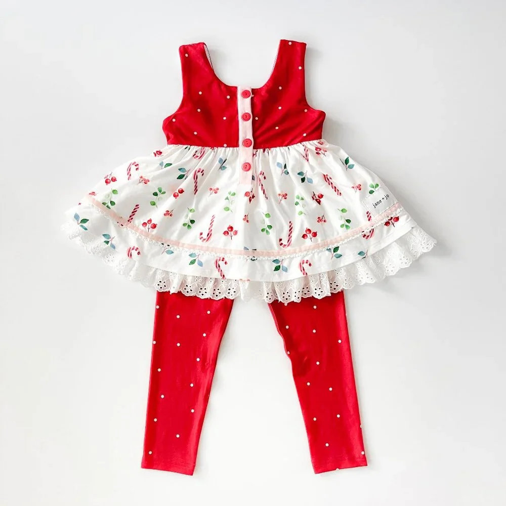 Jane + Jo Red and White Floral Candy Cane Sleeveless Christmas Top and Leggings